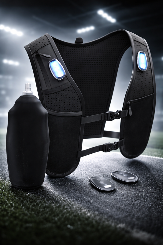 Sportvest - Hardloopvest - Marathonvest - Met draagbare sportwaterfles - Met 3 afneembare LED-lampjes - Unisex - Zwart